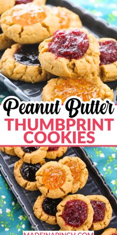 peanut butter thumbprint cookies with jelly filling on top and the words peanut butter thumbprint cookies