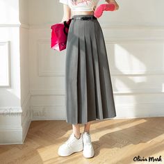 Olivia Mark - High-waisted Pleated Midi Skirt in Gray, Classic and Elegant Korean Skirts, Sheer Maxi Skirt, Charcoal Clothing, High Waisted Maxi Skirt, Pleated Long Skirt, Pleated Maxi Skirt, Korean Fashion Women, Elegant Skirt, Skirt Long