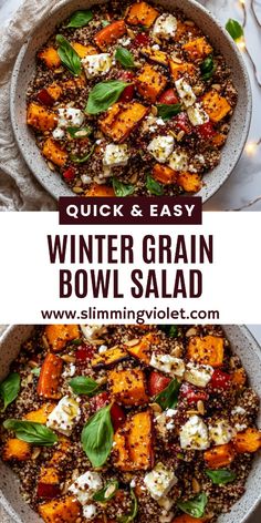 two bowls filled with winter grain bowl salad