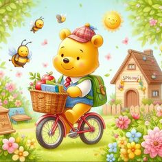 a teddy bear riding a bike with a basket full of apples and honeybees