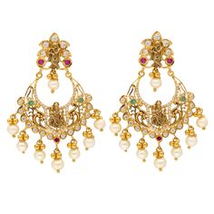 These 22k gold chandbali temple earrings, adorned with radiant gemstones, reflect the rich heritage of Indian gold jewelry while incorporating contemporary elegance. The shimmering gold chandbali temple jewelry earrings paired with vibrant emerald, ruby, cubic zirconia, and pearls makes these gold earrings a stunning addition to any jewelry collection, perfect for adding a luxurious touch to both day and evening attire. With a focus on quality and craftsmanship, these 22k gold and gemstone earrings offer a refined and timeless aesthetic.Features• 22k yellow gold• Emerald• Cubic zirconia• Ruby• PearlsSpecifications:• Minimum Width - 2 millimeters• Maximum Width - 29.85 millimeters• Length - 2.25 inches• Weight - 18.7 grams Gold Chandbali, Temple Earrings, Temple Jewellery Earrings, Indian Gold Jewelry, Temple Jewelry, Timeless Aesthetic, Gold Jewelry Indian, Temple Jewellery, Evening Attire