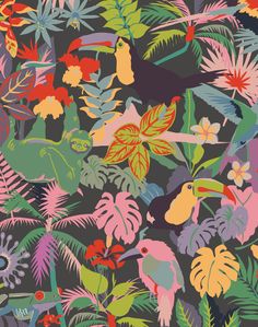 colorful tropical leaves and birds on a black background