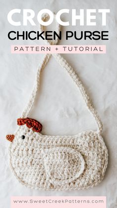 the crochet chicken purse is shown with text overlay