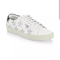 Saint Laurent Authentic Court Classic Sl/06 Metallic Star Sneakers New No Box Saint Laurent Shoes Sneakers, Saint Laurent Court Classic, Classy Sneakers, Saint Laurent Sneakers, White Tennis Shoes, Leopard Sneakers, Yves Saint Laurent Shoes, Metallic Sneakers, Ysl Shoes