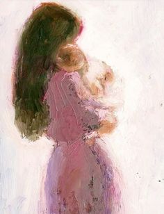 a painting of a woman holding a baby in her arms and wearing a pink dress