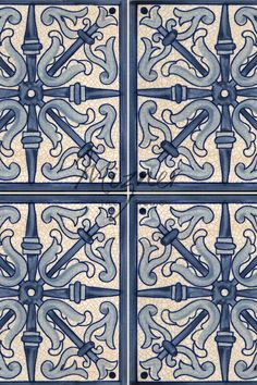 four blue and white tiles with designs on them