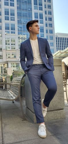 Suit With Tshirt Mens Fashion, Navy Blue Formal Suit For Men, Casual Blue Suit Men, Navy Blue Suit Outfits For Men, Blue Semi Formal Outfit Men, Navy Suit Outfit Men Casual, Suit And Tshirt Men, Smart Casual Suit Men, Blue Suit Men Casual