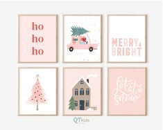 four pink and white christmas cards with the words merry, bright, let it snow