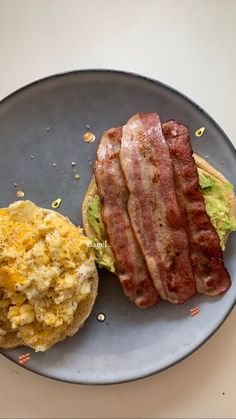 a plate with eggs and bacon on it