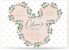 a minnie mouse birthday party with pink flowers and greenery on the front, polka dot background