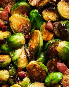 brussel sprouts and brussels sprouts with bacon in a pan