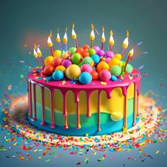 a colorful birthday cake with candles and sprinkles