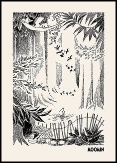 a black and white drawing of birds in the woods