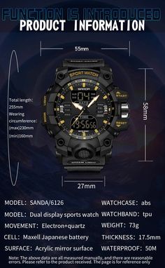 SPECIFICATIONSBrand Name: SandaBand Material Type: resinBand Length: 26cmStyle: SPORTClasp Type: BuckleOrigin: Mainland ChinaMovement: Dual DisplayWater Resistance Depth: 5BarCase Material: resinCase Thickness: 14mmModel Number: 6126Band Width: 20mmFeature: STOP WATCHFeature: Back LightFeature: Shock ResistantFeature: LED DisplayFeature: RepeaterFeature: LuminousFeature: Auto DateFeature: ChronographFeature: Complete CalendarFeature: DiverFeature: Multiple Time ZoneFeature: Water ResistantFeature: NoneFeature: AlarmFeature: swimDial Diameter: 47mmCertification: CECase Shape: RoundDial Window Material Type: HardlexItem Type: Quartz WristwatchesFeature: Auto Date,Water Resistant,swimFeature1: Chronograph,Complete Calendar,Moon Phase,Water Resistant,luminous handsFeature2: Quartz Wristwatches Watch Simple, Military Man, Waterproof Sports Watch, Auto Date, Handkerchief Men, Womens Golf Shoes, Military Men, Mens Bow Ties, Womens Athletic Shoes