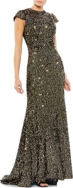 Mac Duggal Sequin Trumpet Gown | Nordstrom Gold Fitted Mermaid Hem Gown, Glamorous Gold Mermaid Hem Dress, Gold Fitted Gown For Prom, Fitted Gold Gown For Prom, Fitted Gold Gown For Prom Season, Gold Party Dress With Mermaid Hem, Gold Fitted Evening Dress With Mermaid Hem, Gold Mermaid Hem Evening Dress For Party, Gold Fitted Mermaid Hem Evening Dress