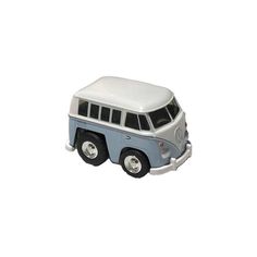 a white and blue toy bus on a white background