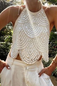 Hey bride, here's the summer outfit you need for that destination wedding you've got planned... Disco Halter Top, Hamptons Fits, Going Out Party Outfits, Bachelorette Fits, Sequin Top Outfit, Festival Party Outfit, Disco Glamour, White Sequin Top, White Party Outfit