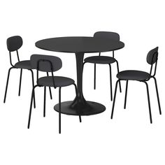 the table and chairs are all black with four different colored chairs around it, including one in grey