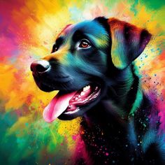 a painting of a black dog with colorful paint splatters on it's face