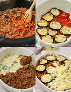 four pictures showing different types of food being cooked in the same pan as they are being mixed together