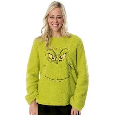 Experience the magical world of Dr. Seuss with this captivating Grinch Embroidered Big Face Sherpa Pullover Top. It's a must-have for anyone who adores the classic tale of the Grinch. The centerpiece of this charming pullover is the intricately embroidered face of The Grinch himself. Every detail, from his mischievous grin to the sparkle in his eyes, is captured in vibrant threads, creating a durable and visually striking design. Crafted from premium 100% polyester, the top offers a sherpa-like plushness that envelops you in softness. This fabric choice strikes the perfect balance between cozy warmth and breathable comfort, making it an ideal piece for various climates and settings. Color: Green.  Gender: unisex.  Age Group: adult. Christmas Nightgowns, Grinch Who Stole Christmas, Family Pajama Sets, Embroidered Face, Sherpa Pullover, Heart Sweatshirt, Big Face, Top For Women, Dr Seuss