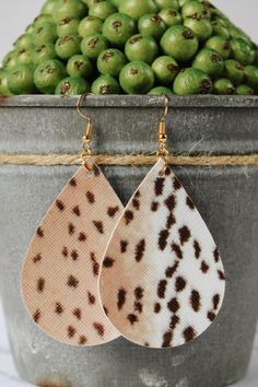 These gorgeous animal print leather earrings are the perfect compliment to your fall and winter outfits! You'll enjoy these lightweight leather earrings all day long and forget you're even wearing them! Click through to view more styles + options in these trendy earrings! #teardropleatherearrings #animalprintearrings #deerleatherearrings #womensfashion Cute Brown Dangle Earrings, Cute Hypoallergenic Teardrop Earrings, Fall Leather, Animal Print Earrings, Deer Pattern, Deer Print, Hammered Earrings, Fall Earrings, Hammered Sterling Silver