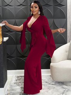 Material:80-90% Polyester. Features: Long sleeve. split. deep v-neck. tie up. solid color. sexy. wide leg. jumpsuits.Style:Casual. Jumpsuit Style, Bodycon Tops, White Fashion Casual, Multi Dress, Custom Size Dresses, Long Jumpsuits, Long Sleeve Bodycon, Yellow Fashion, Jumpsuit Fashion