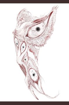 a drawing of an owl with wings and eyes on it's back, flying through the air