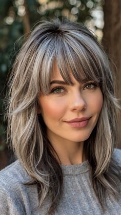 Classic Medium Length Gray Hairstyles with Soft Bangs Bangs For Older Women With Long Hair, Blended Hair, Long Hair Older Women, Grey Hair And Glasses, Grey Hairstyles, Gray Hairstyles, Grey Blonde Hair, Soft Bangs