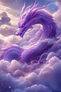 a purple dragon sitting on top of clouds