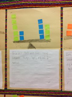 three pieces of paper taped to each other with different colored blocks on them and writing