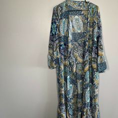 New Without Tag Beautiful Long Maxi Bohemian Dress Size 13 Blue Baisley Print Blue Boho Dress For Beach Cover-up, Blue Long Sleeve Maxi Dress For Vacation, Blue Printed Long Maxi Dress, Light Blue Long Sleeve Midi Dress For The Beach, Light Blue Long Sleeve Midi Dress For Beach, Casual Blue Midi Dress With Boho Print, Blue Long Sleeve Midi Dress For Vacation, Long Blue Midi Dress With Floral Print, Casual Boho Print Tunic Maxi Dress