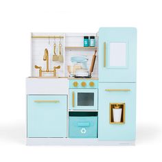 a toy kitchen with blue cabinets and white walls