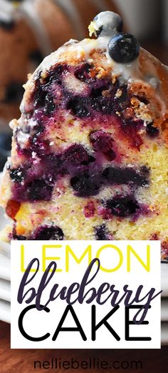 a lemon blueberry cake on a plate with the words lemon blueberry cake above it