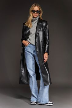 GREY LAB-Premium Faux Leather Trench Coat-COATS available at Objectrare Coat For Ladies, Faux Leather Trench Coat, Wide Legged Jeans, Fall Trends Outfits