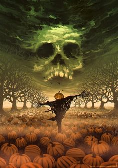 a black and white painting of a skeleton standing in the middle of a field with pumpkins