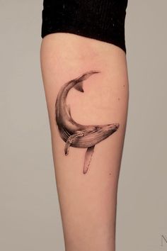 a tattoo on the leg of a woman with a dolphin in it's tail