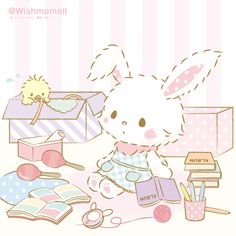 a cute little bunny sitting on the floor next to some books and other things in front of her