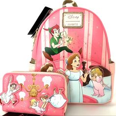 This Bag Features Peter Pan With Wendy, John And Michael Before They Leap Out The Bedroom Window Over London To Fly For The First Time Pink Disney Backpack For Fan Events, Pink Disney Backpack For Disney Fan Events, Pink Disney Bag For Daily Use, Loungefly Peter Pan, Beauty And The Beast Loungefly Backpack, Sleeping Beauty Loungefly Backpack, Mulan Loungefly, Lounge Fly Disney Wallet, Loungefly Bag