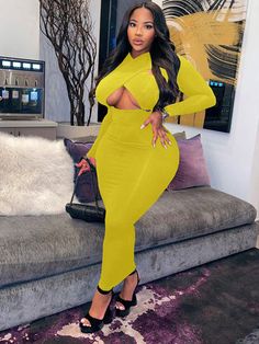 Cut Out Midi Dress Yellow Stretch Long Sleeve Midi Dress, Yellow Stretch Midi Dress With Long Sleeves, Yellow Long Sleeve Stretch Midi Dress, Yellow Long Sleeve Bodycon Dress For Night Out, Yellow Long Sleeve Bodycon Dress, Yellow Long Sleeve Stretch Bodycon Dress, Plus Size Long Dresses, Long Dress Plus Size, Solid Midi Dress