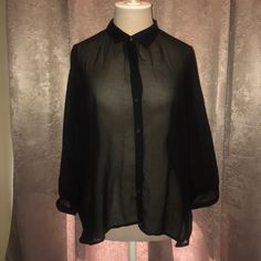 Mandee Black Button Down Blouse Nwt See Through Size L Sheer Button-up Workwear Tops, Sheer Button-up Tops For Workwear, Chic Black Sheer Shirt, Sheer Button-up Blouse For Work, Sheer Collared Tops For Fall, Sheer Button-up Chic Blouse, Chic Sheer Button-up Blouse, Chic Sheer Button-up Tops, Classic Sheer Collared Tops