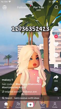 an animated girl with blonde hair and blue eyes standing in front of a palm tree