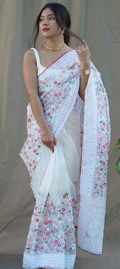 White and Off White color Saree in Organza Silk fabric with Embroidered, Resham, Sequence, Thread work White Color Saree, Net Saree, Off White Color, White Style, Petticoat, Silk Fabric