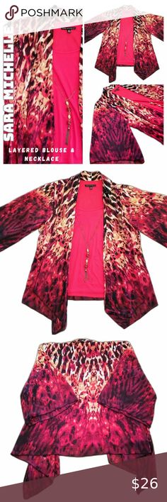 Sara Michelle Women Layered Blouse Necklace Red Animal Print 2X