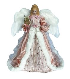 an angel figurine with pink and white fur on it's wings, holding a candy cane