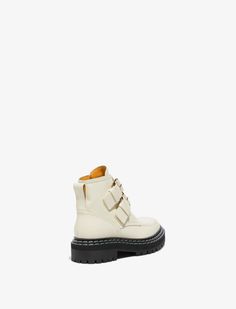 CREAM Lug Sole Buckle Boots from Proenza Schouler. Boots Cream, Proenza Schouler Shoes, Yellow Interior, Buckle Boots, Rubber Heels, Lug Sole, Proenza Schouler, Calf Leather, Block Heels