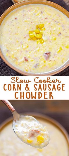 corn and sausage chowder in a bowl with a spoon