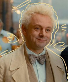 a man with white hair wearing a suit and bow tie in front of a neon angel