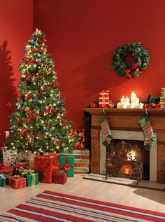 a living room decorated for christmas with presents