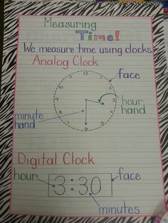 a piece of paper with writing on it that says, measuring time we measure time using clocks analog clock